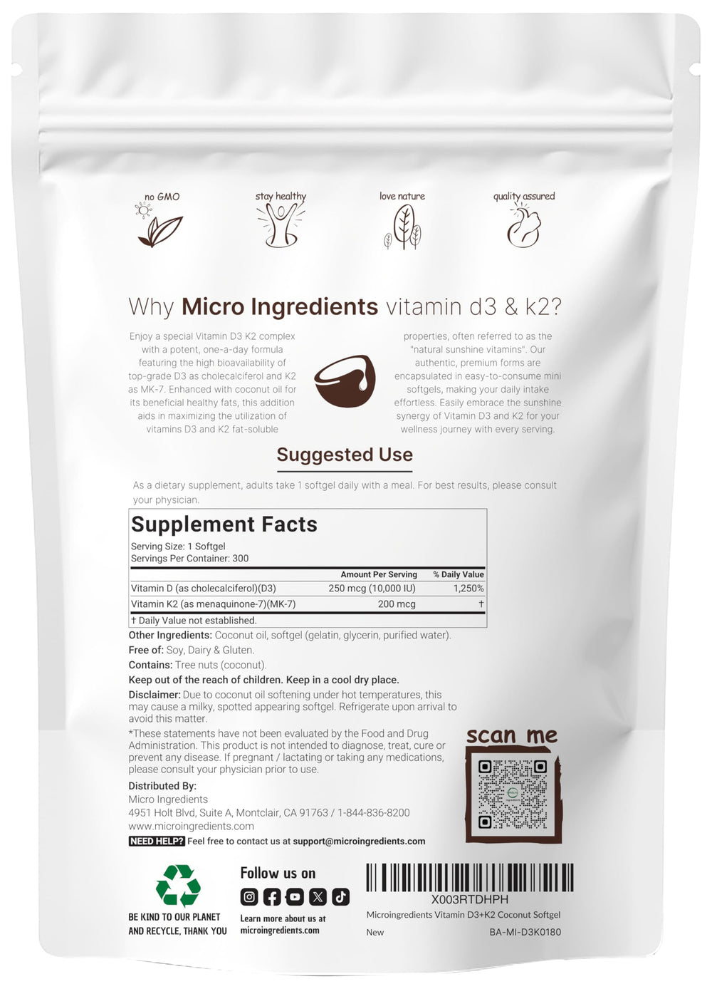 D3 10,000 IU and K2 MK-7 softgels with coconut oil carrier for absorption