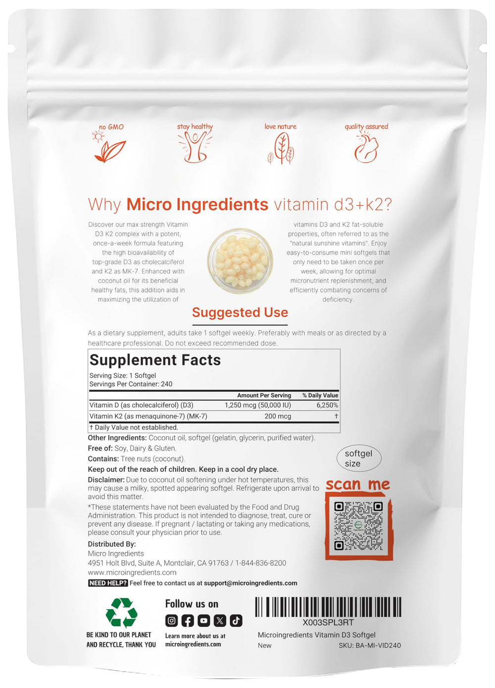 Micro Ingredients D3 K2 MK-7 softgels closeup highlighting easy swallowing