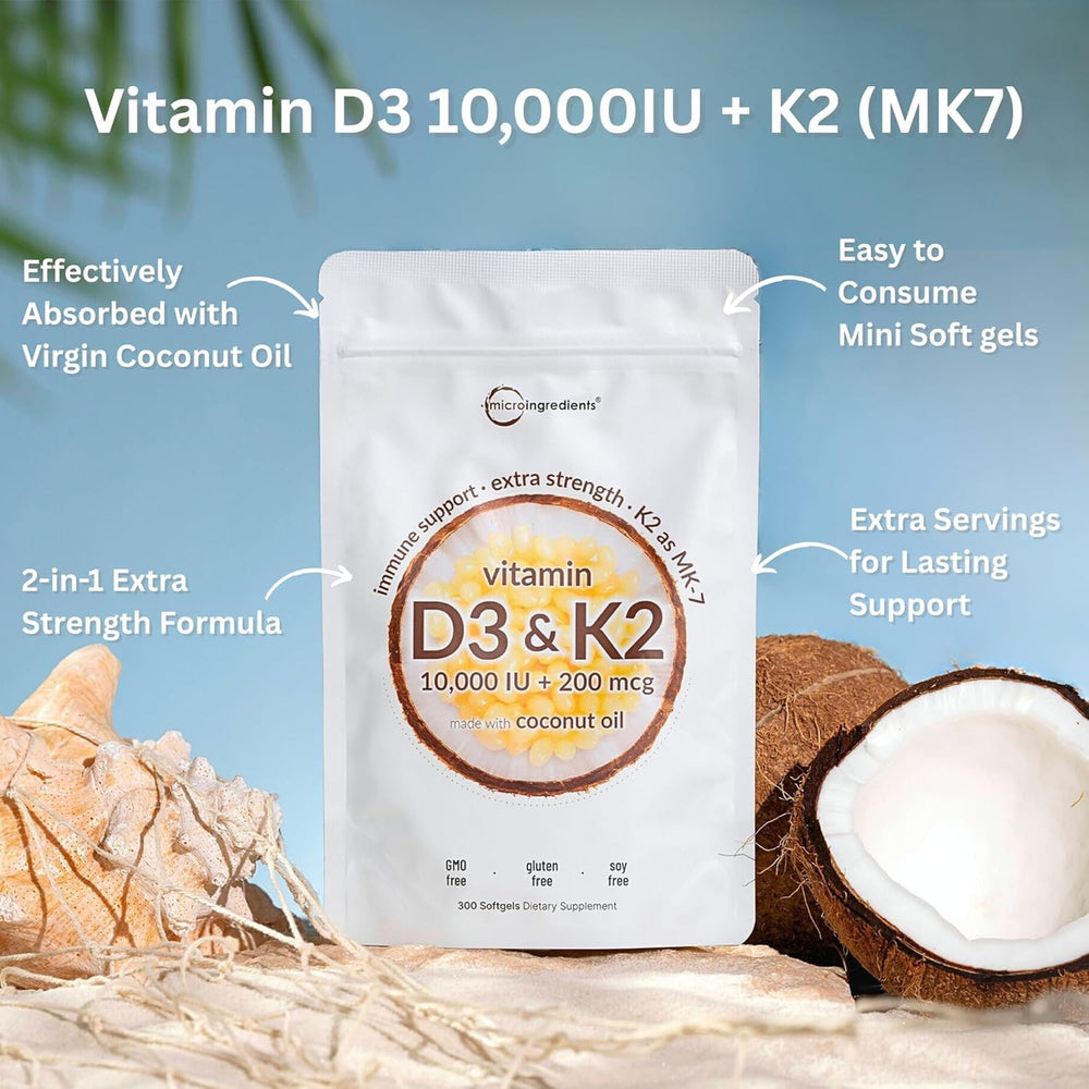 Micro Ingredients D3 K2 softgels with coconut oil for improved absorption.