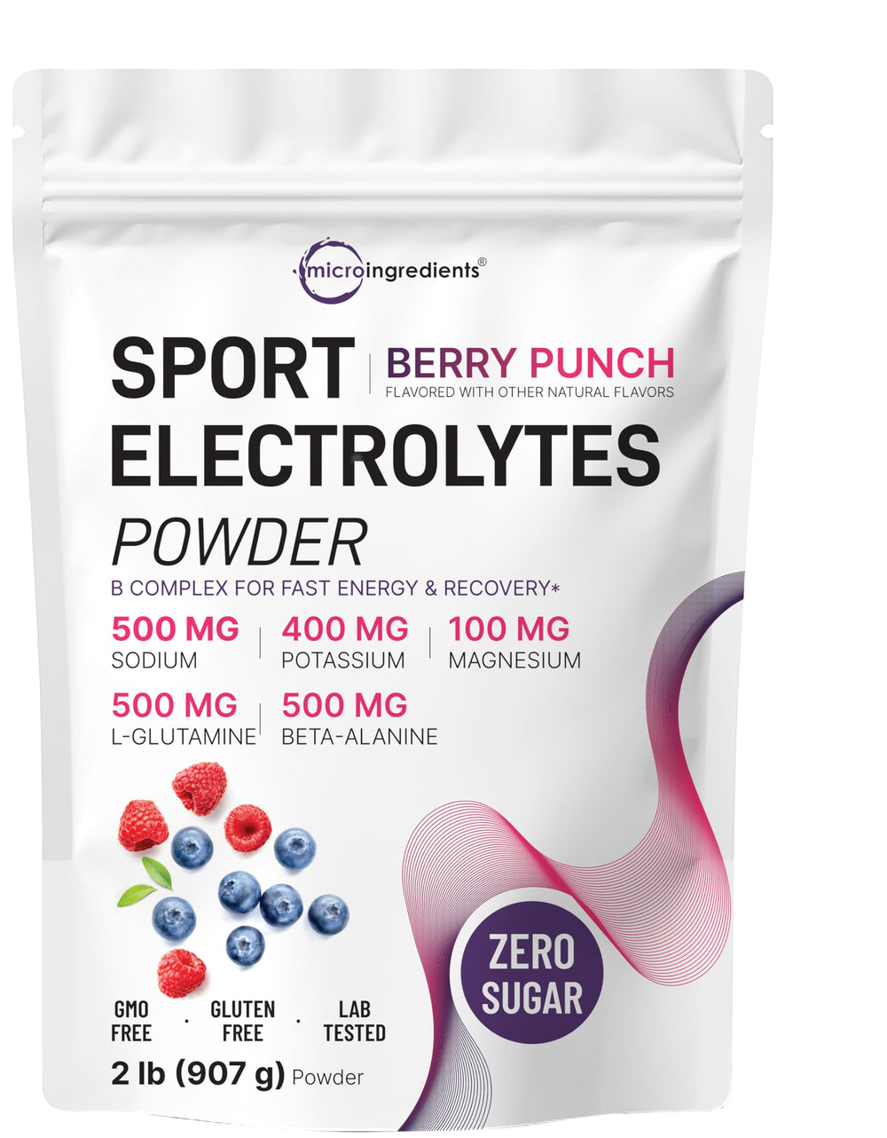 Micro Ingredients Electrolytes Powder Berry Punch bottle label shows sugar-free hydration.