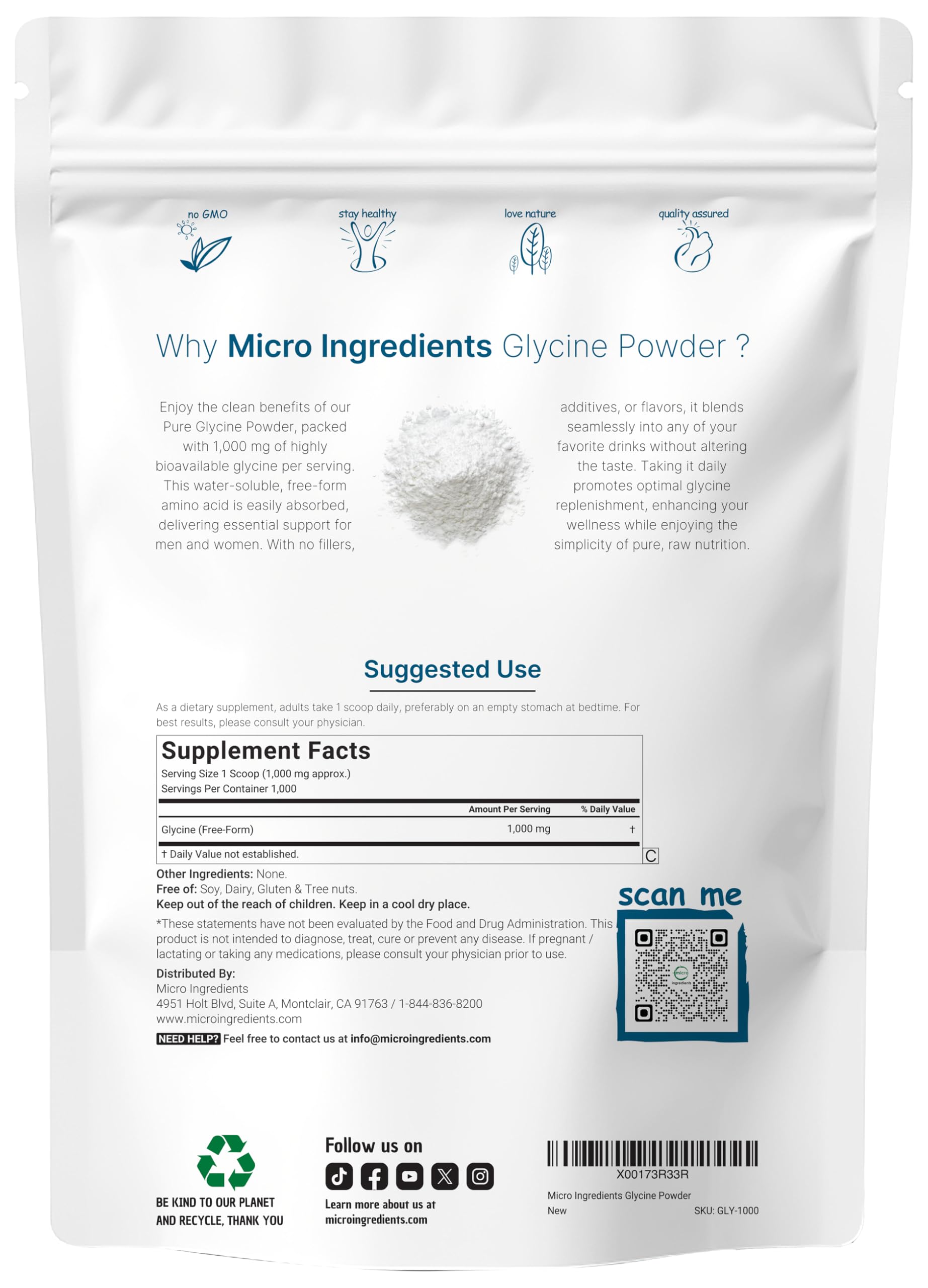 Micro Ingredients glycine powder dissolves quickly in water for smooth shakes