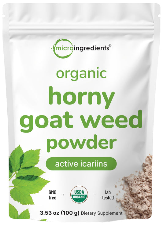 Micro Ingredients horny-goat-weed-powder bottle shows organic energy support.