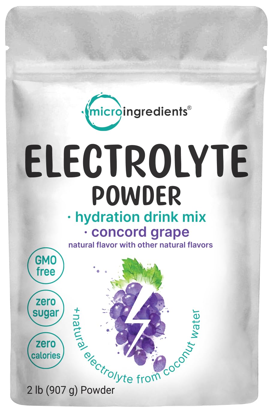 Micro Ingredients Hydration Electrolyte bottle pouring a refreshing concord grape drink for quick hydration.