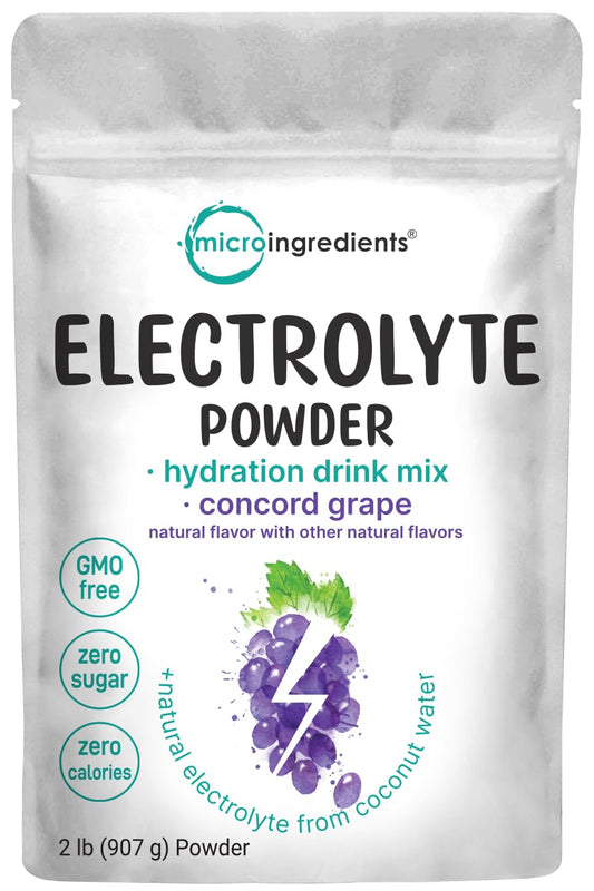 Micro Ingredients Hydration Electrolyte bottle pouring a refreshing concord grape drink for quick hydration.