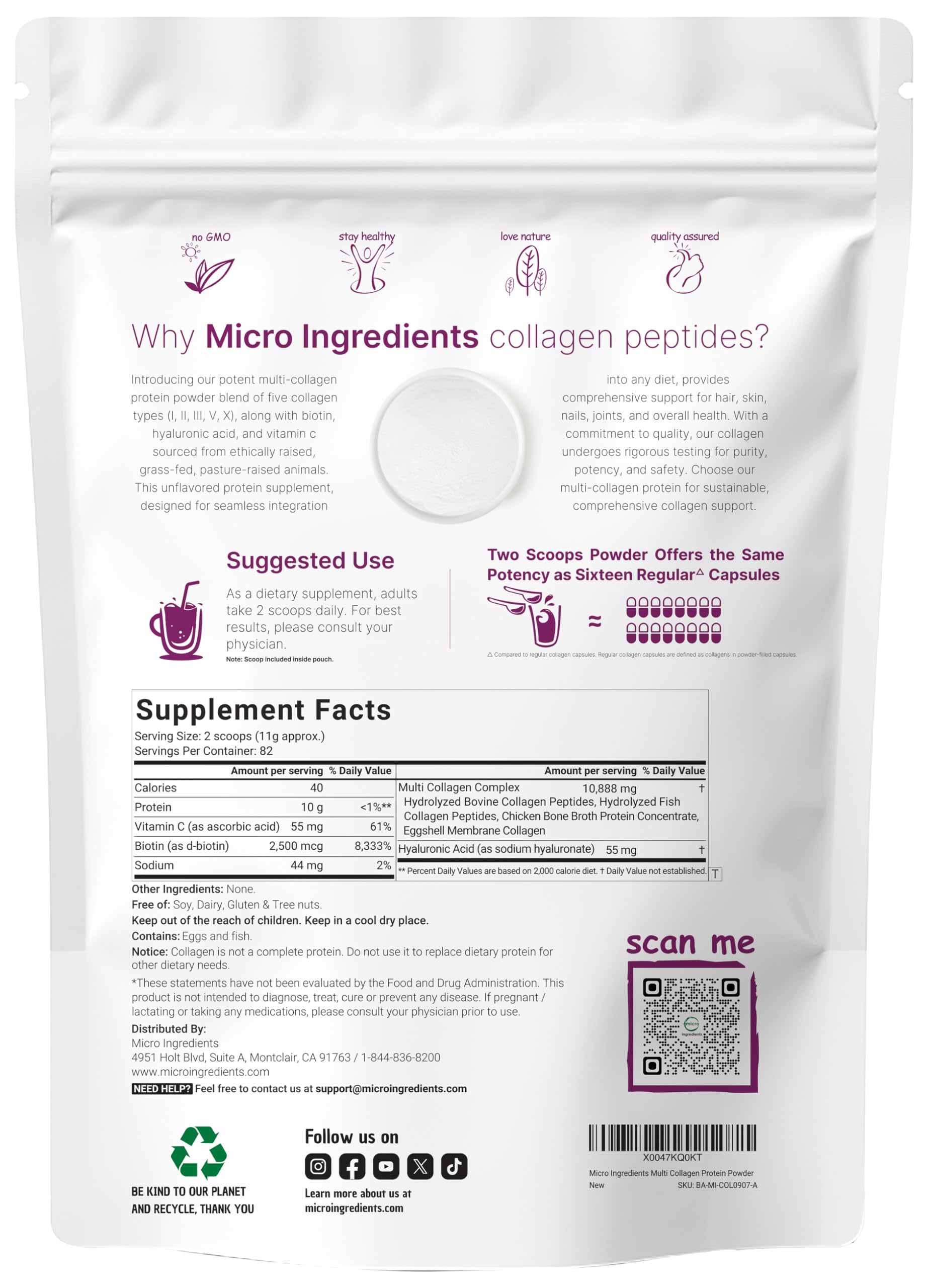 Hydrolyzed collagen types I, II, III, V, and X for easy absorption