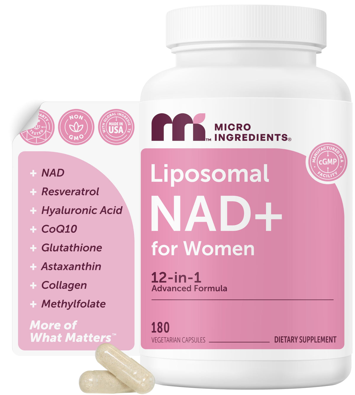 Micro Ingredients Liposomal NAD+ for Women bottle shows a complete 12-in-1 blend for daily wellness