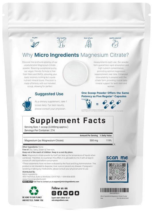 Scoop included with Micro Ingredients magnesium citrate powder for precise dosing
