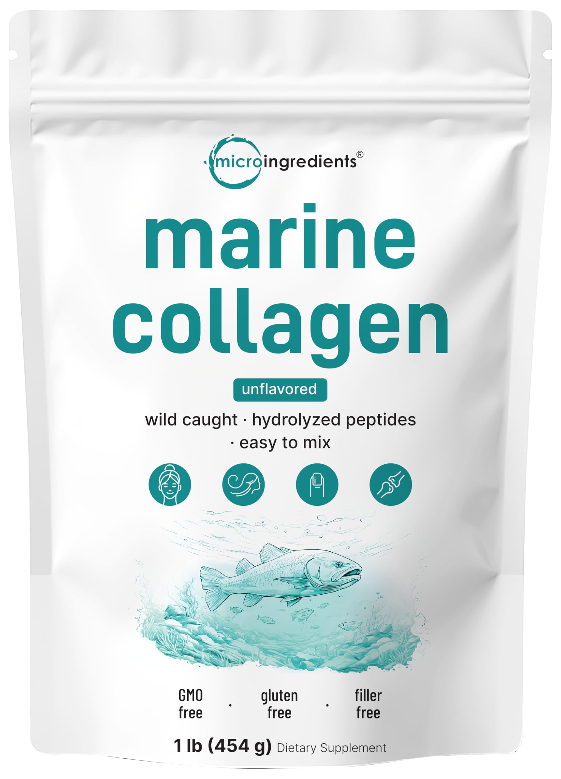 Micro Ingredients Marine Collagen Peptides powder bottle on kitchen counter supports daily beauty routine.
