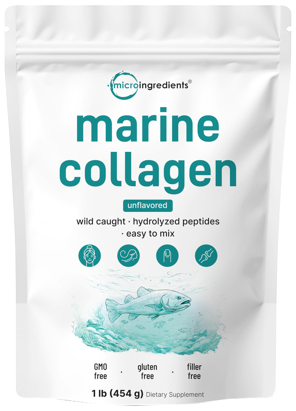 Micro Ingredients Marine Collagen Peptides powder bottle on kitchen counter supports daily beauty routine.