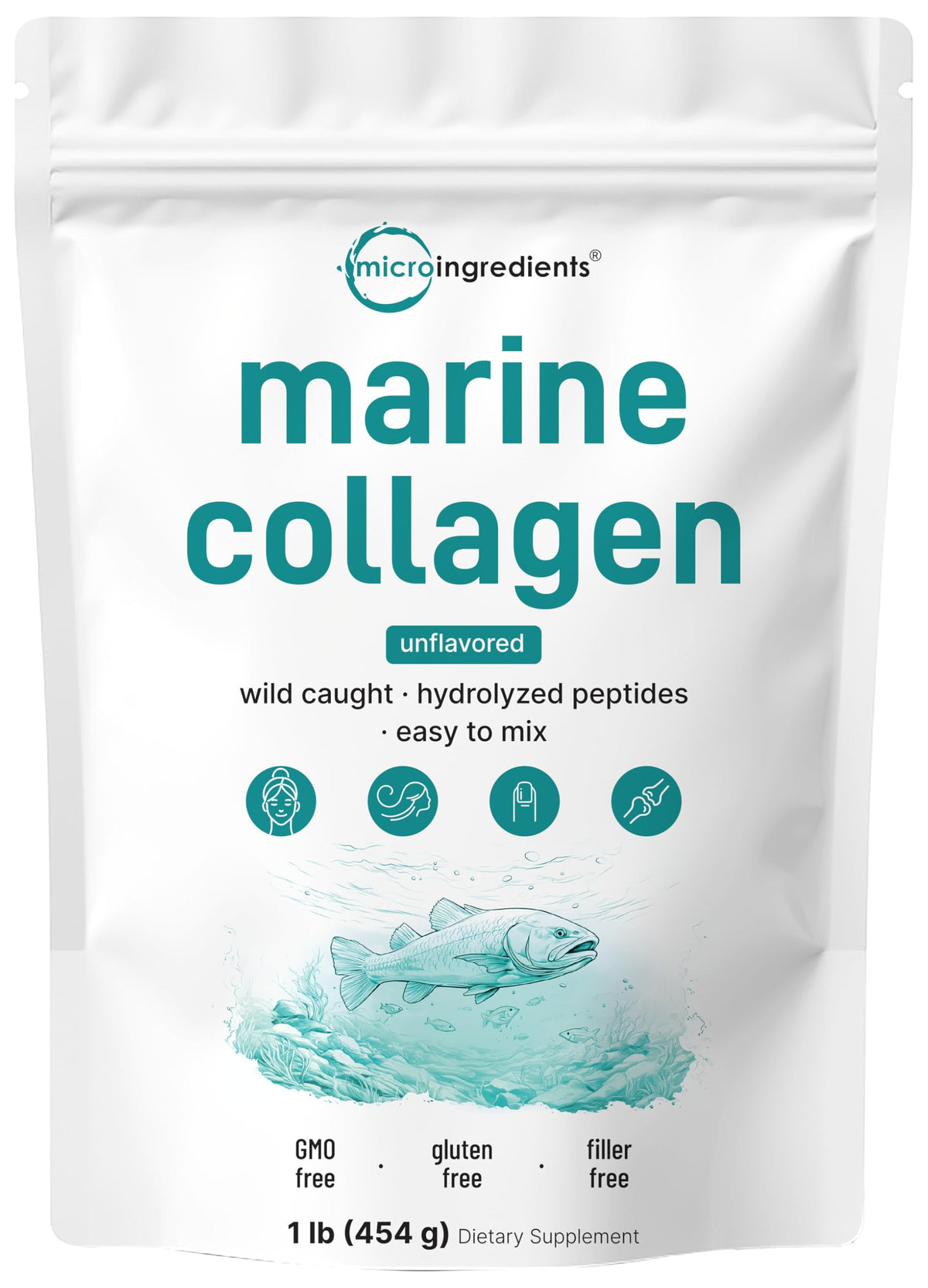 Micro Ingredients Marine Collagen Peptides powder bottle on kitchen counter supports daily beauty routine.