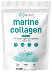 Micro Ingredients Marine Collagen Peptides powder bottle on kitchen counter supports daily beauty routine.