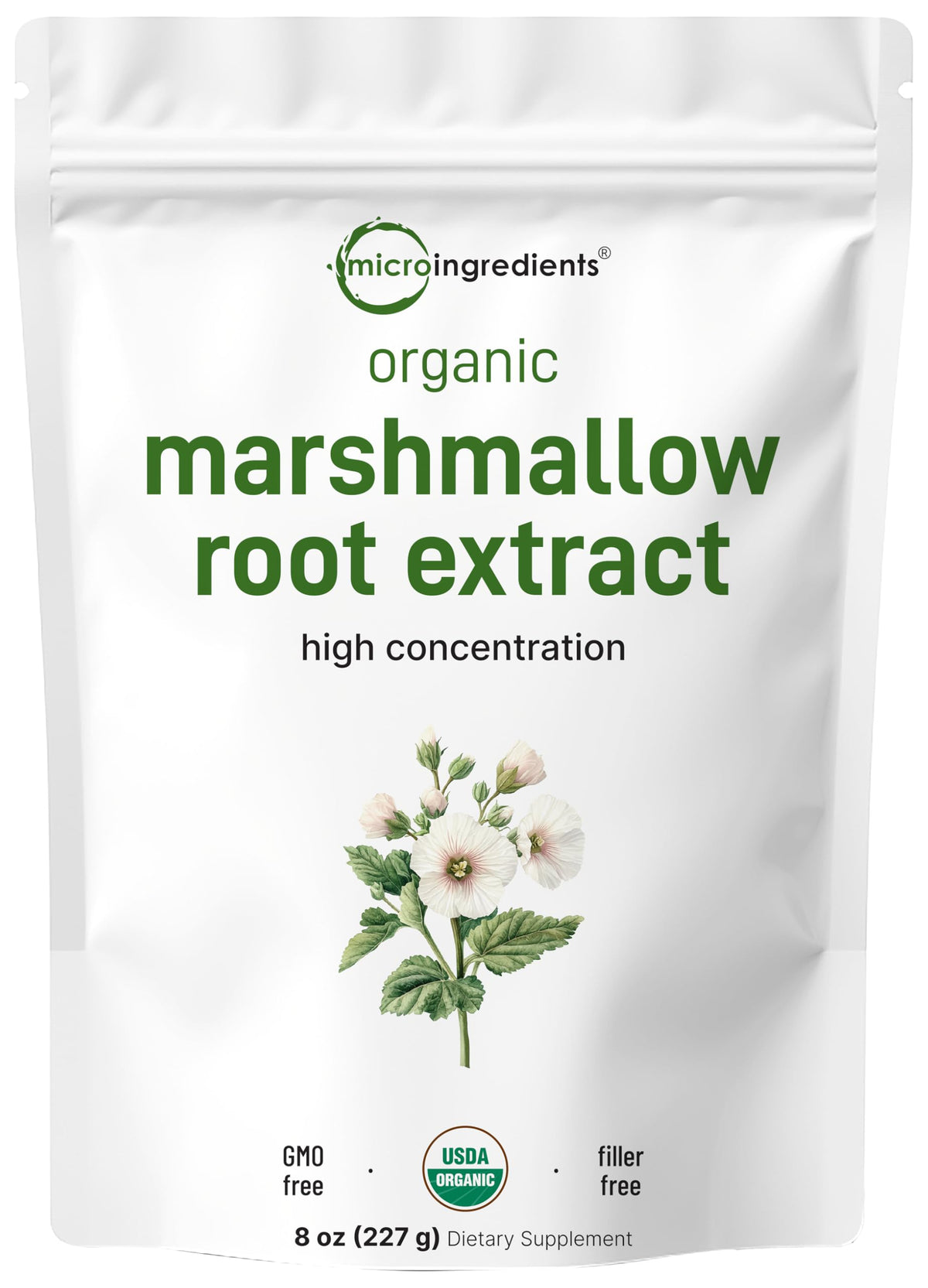 Micro Ingredients marshmallow root powder container shows filler-free, organic quality.