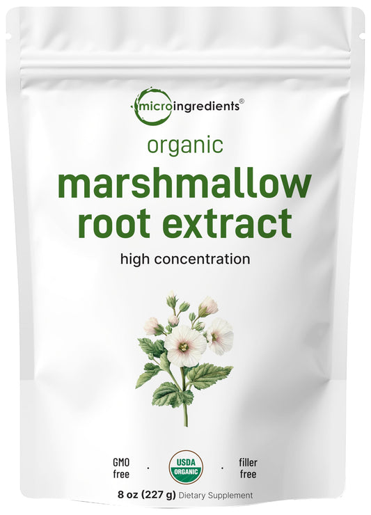 Micro Ingredients marshmallow root powder container shows filler-free, organic quality.