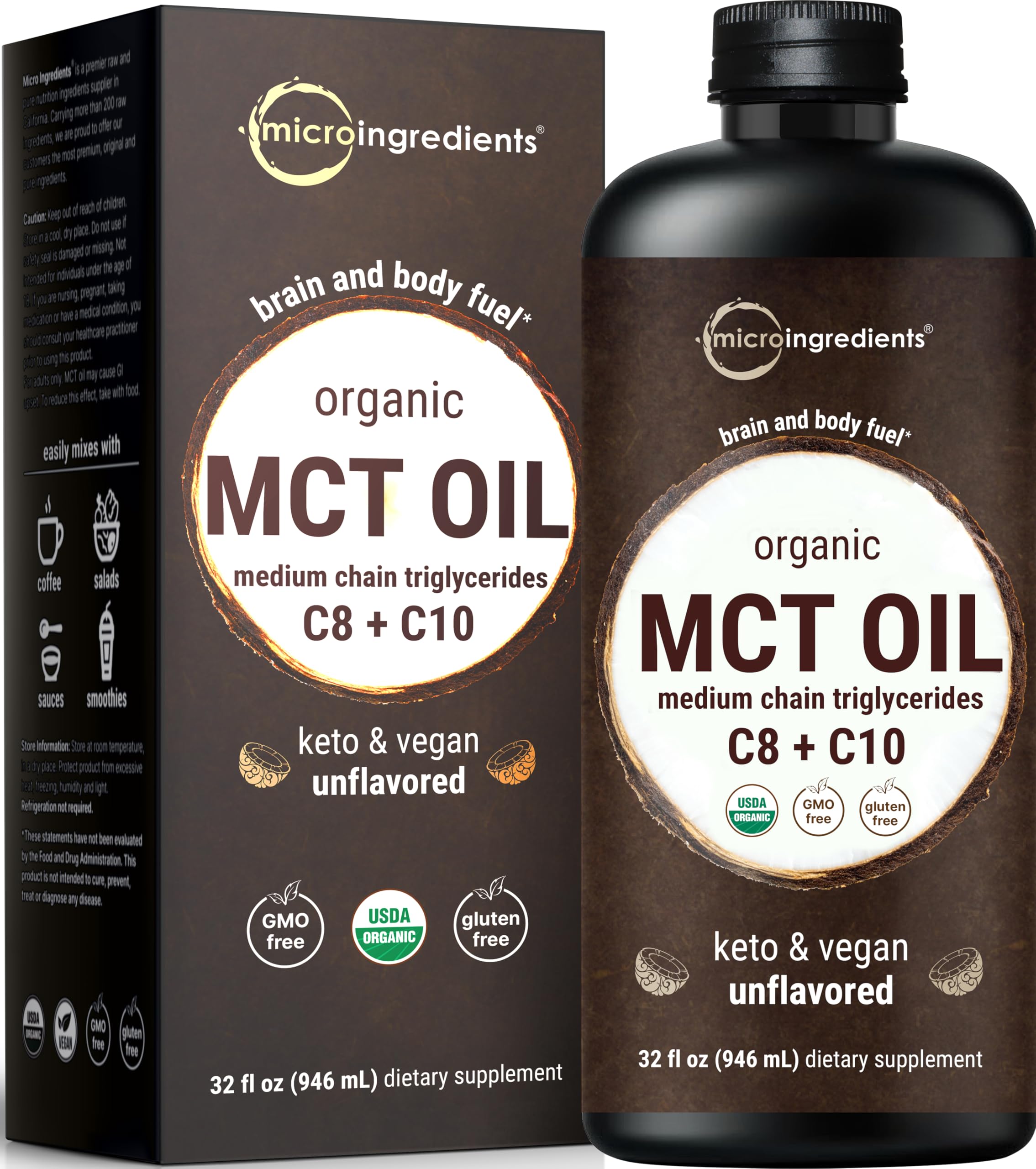 Micro Ingredients MCT Oil bottle on counter for quick, keto-friendly use.