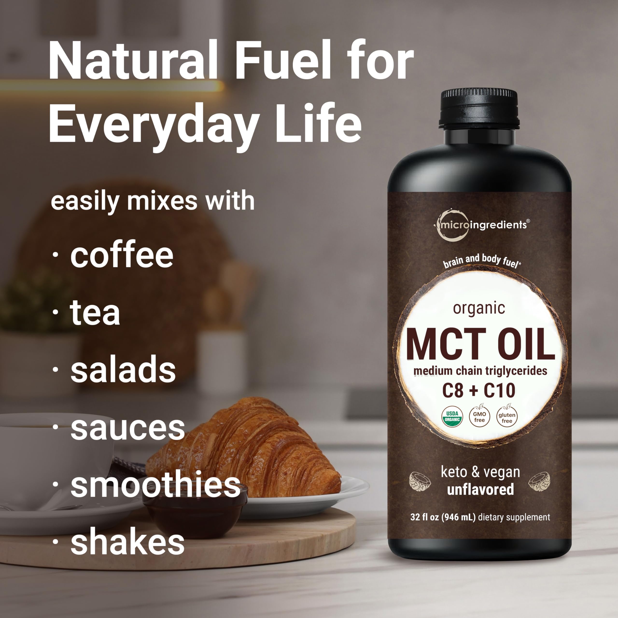 Close-up of the USDA Organic label on Micro Ingredients MCT Oil bottle.