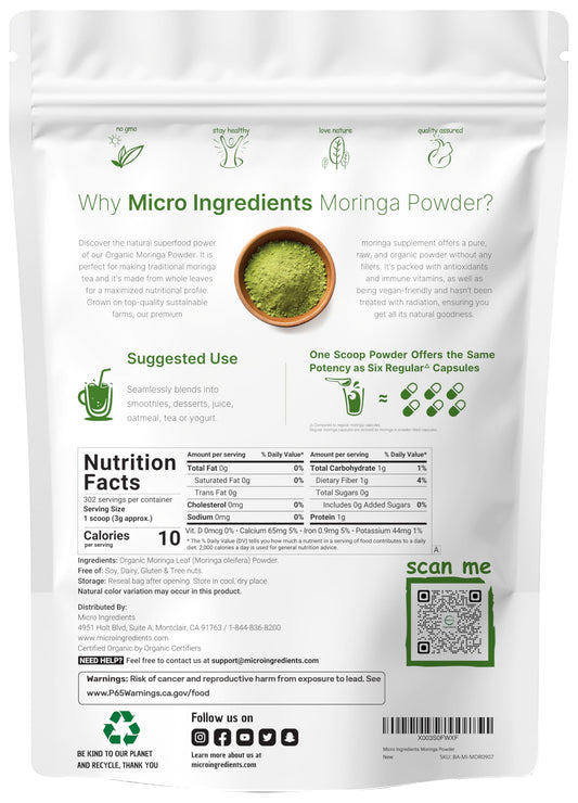 Micro Ingredients Moringa, cuchara medidora incluida para medir dosis.