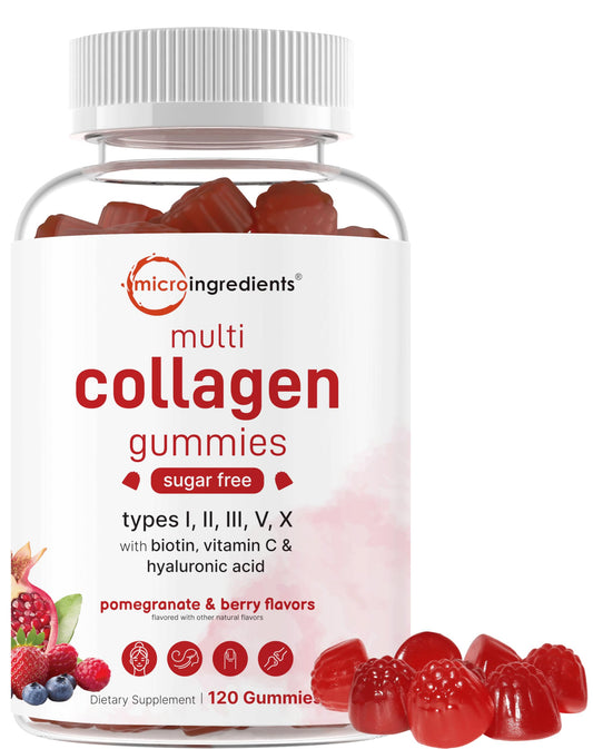 Micro Ingredients Multi Collagen Gummies packaging highlighting sugar-free beauty support.