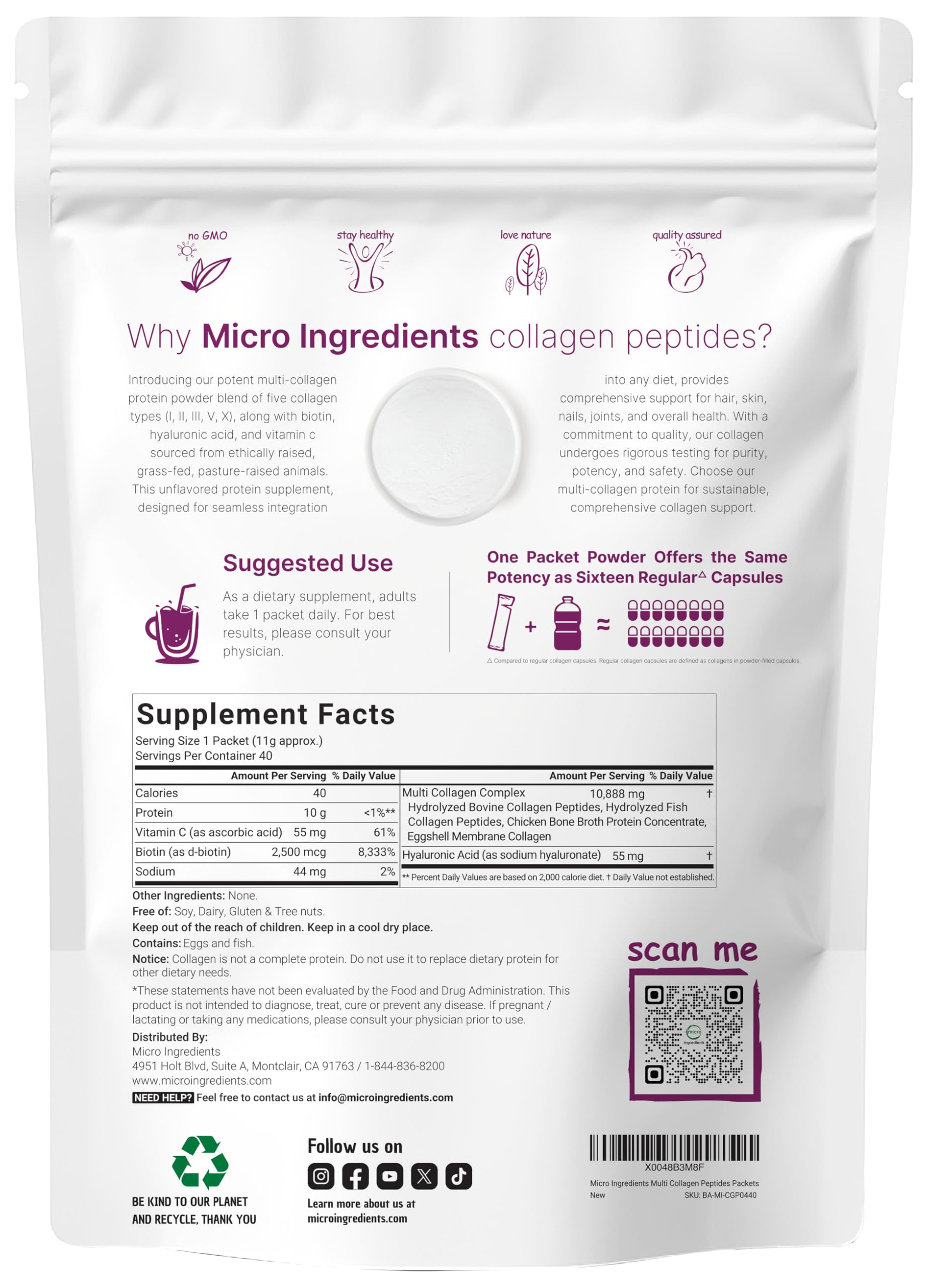 Micro Ingredients multi collagen stick pack contents ready to blend into beverages.