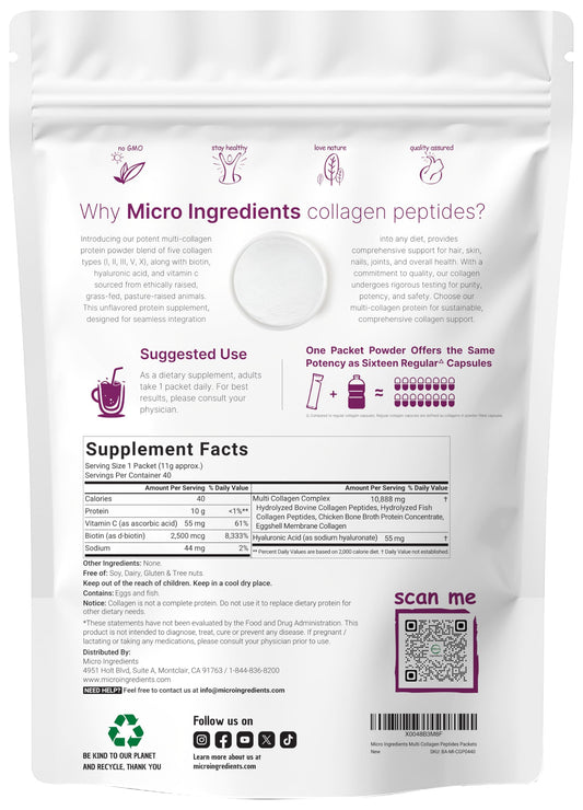 Micro Ingredients multi collagen stick pack contents ready to blend into beverages.