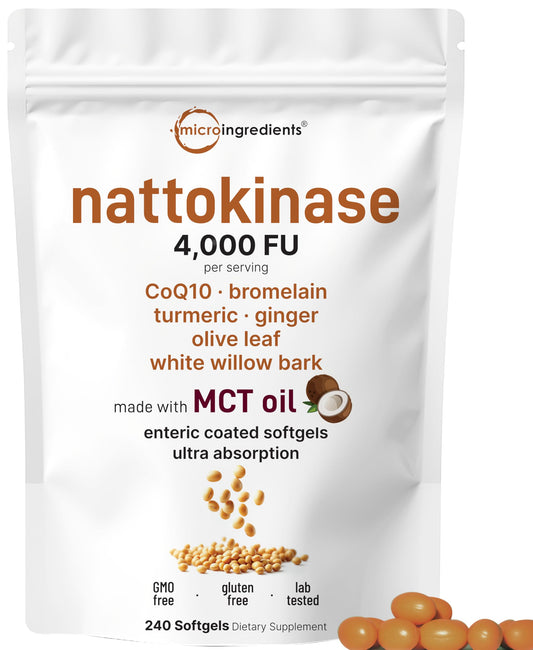 Micro Ingredients nattokinase softgels bottle, 4000 FU, supports cardiovascular wellness.