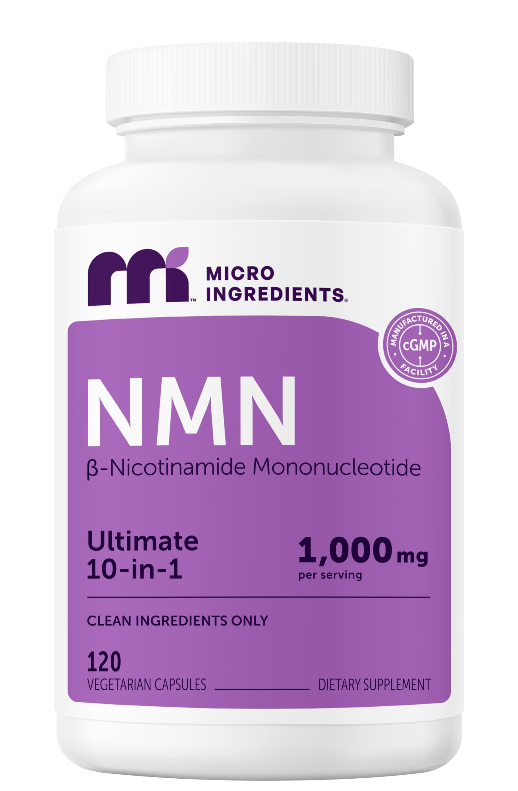 Micro Ingredients NMN Complex bottle front with 120 vegan capsules for daily NAD+ precursor support.