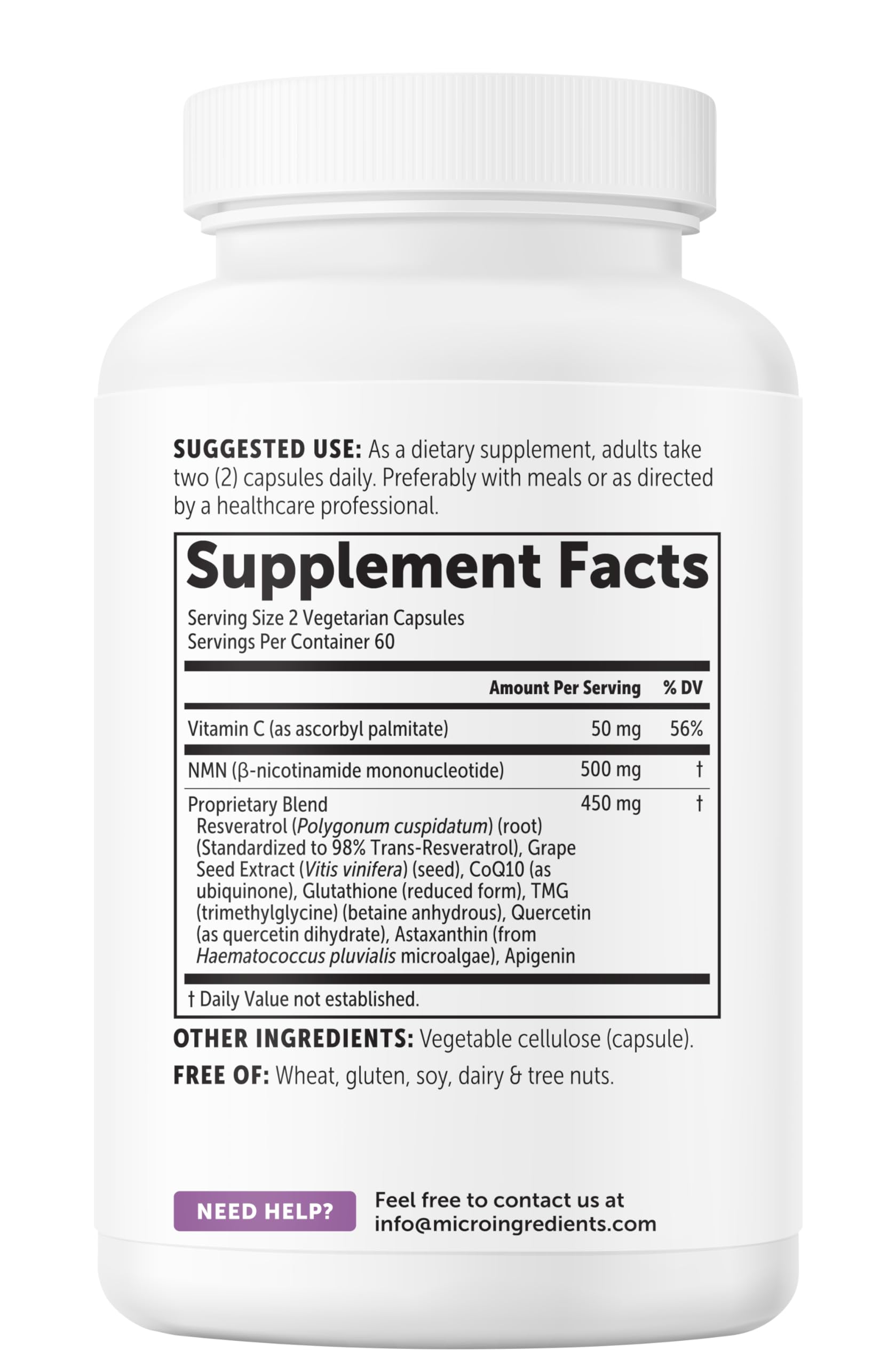 Filler-free Micro Ingredients NMN Complex with no common allergens.