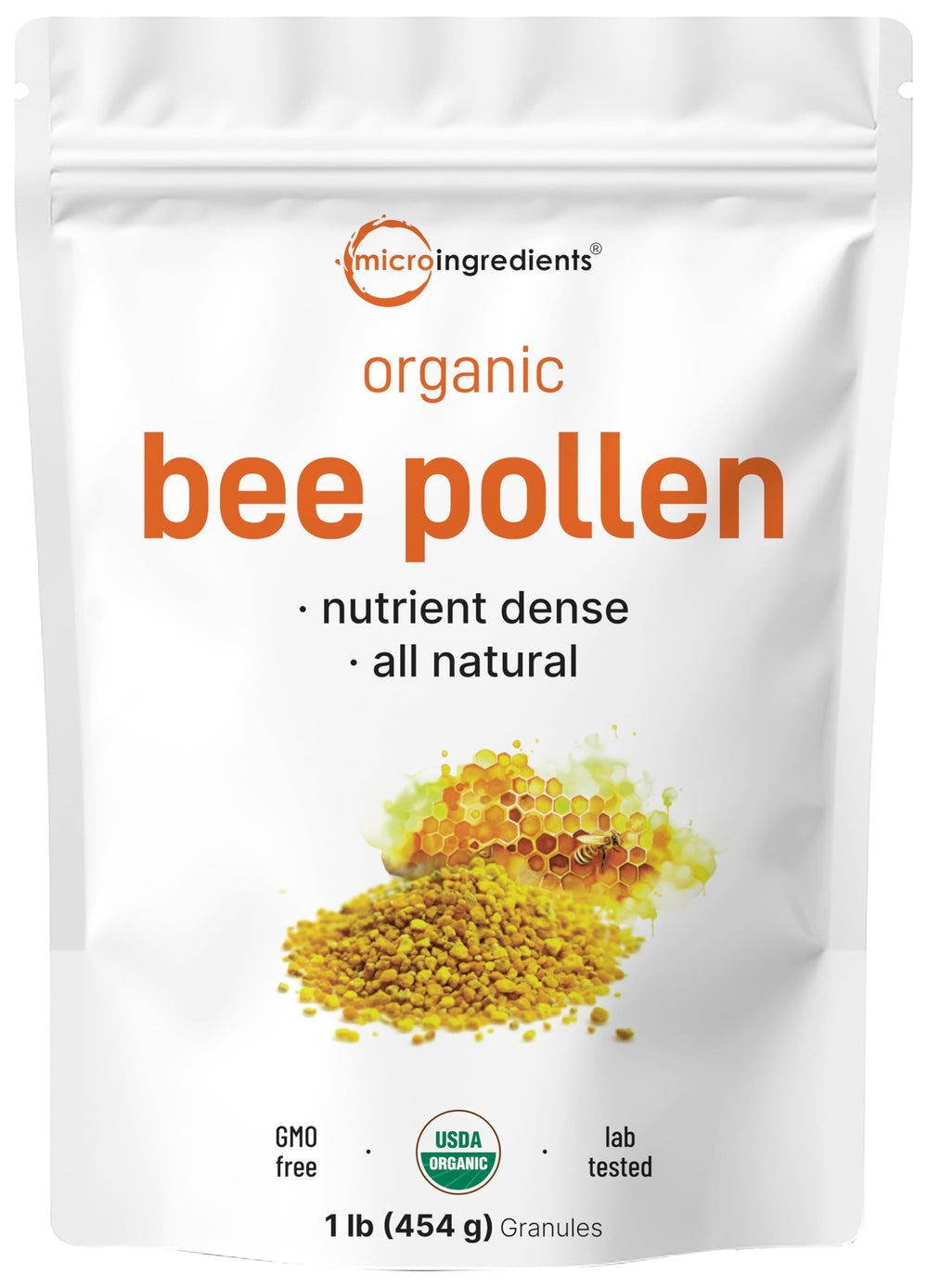 Micro Ingredients organic bee pollen granules in 1 lb packaging for smoothies and yogurt.