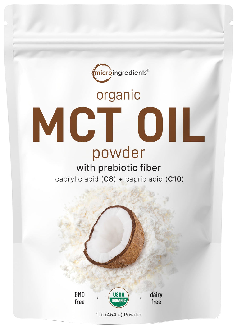 Micro Ingredients Organic MCT Oil Powder bottle with label for keto coffee creamer