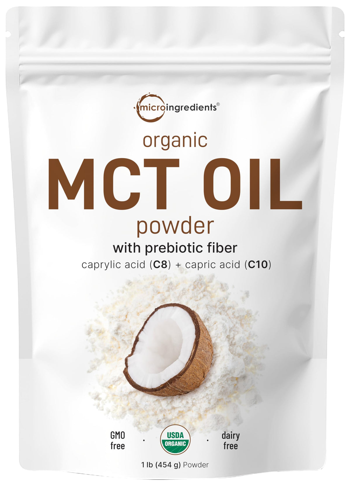 Micro Ingredients Organic MCT Oil Powder bottle with label for keto coffee creamer
