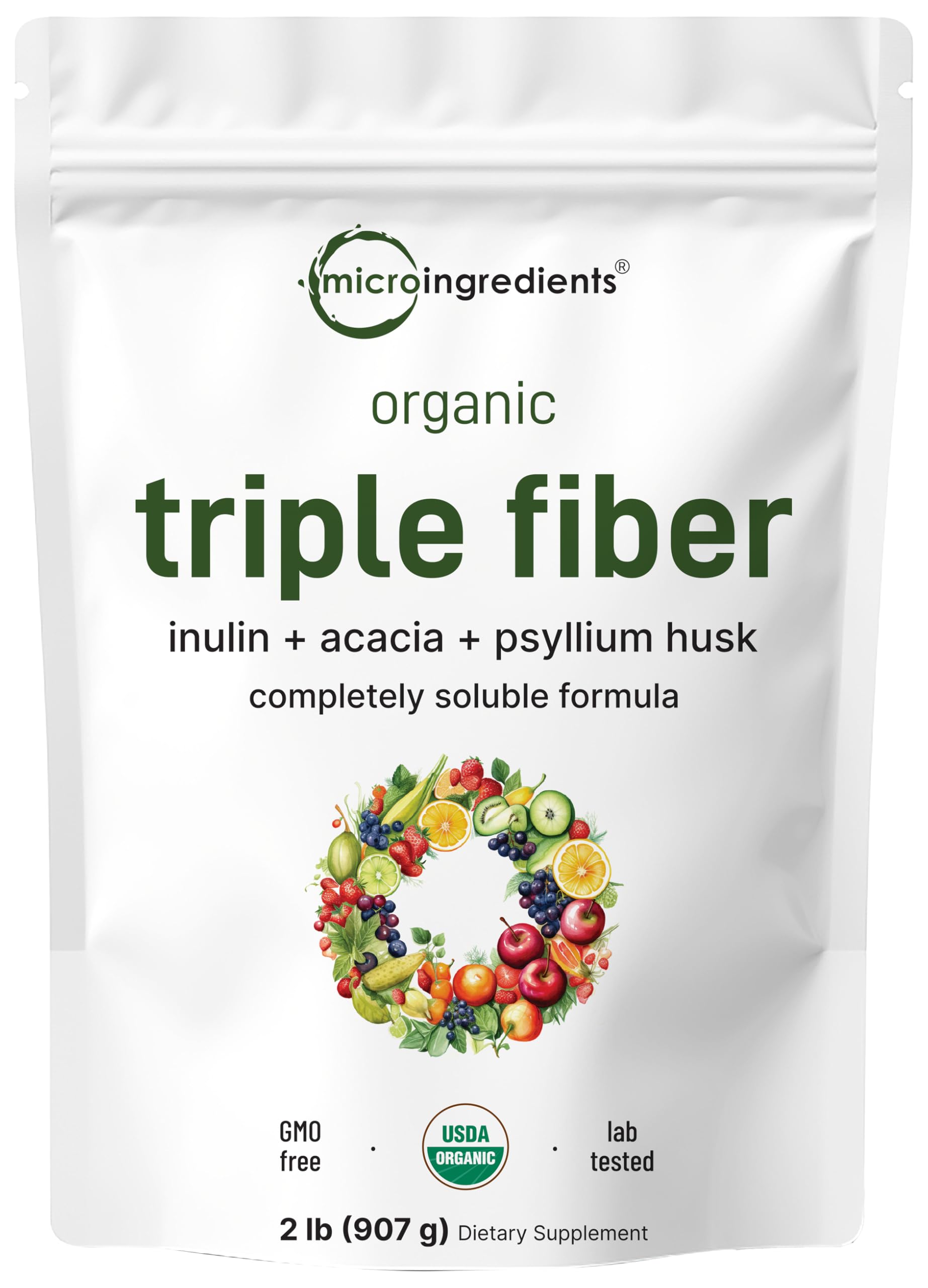 Micro Ingredients Organic Triple Fiber Powder bottle showing a vegan, plant-based fiber supplement for daily use