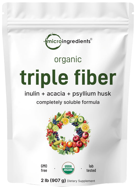 Micro Ingredients Organic Triple Fiber Powder bottle showing a vegan, plant-based fiber supplement for daily use