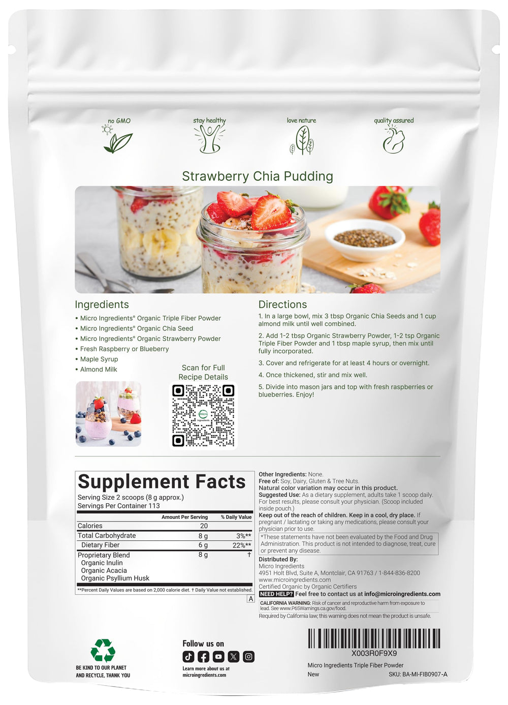 Micro Ingredients triple fiber powder dissolving in a glass for quick, smooth daily fiber intake