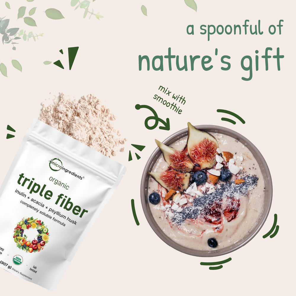 Brand-focused image of Micro Ingredients Organic Triple Fiber Powder for everyday smoothies