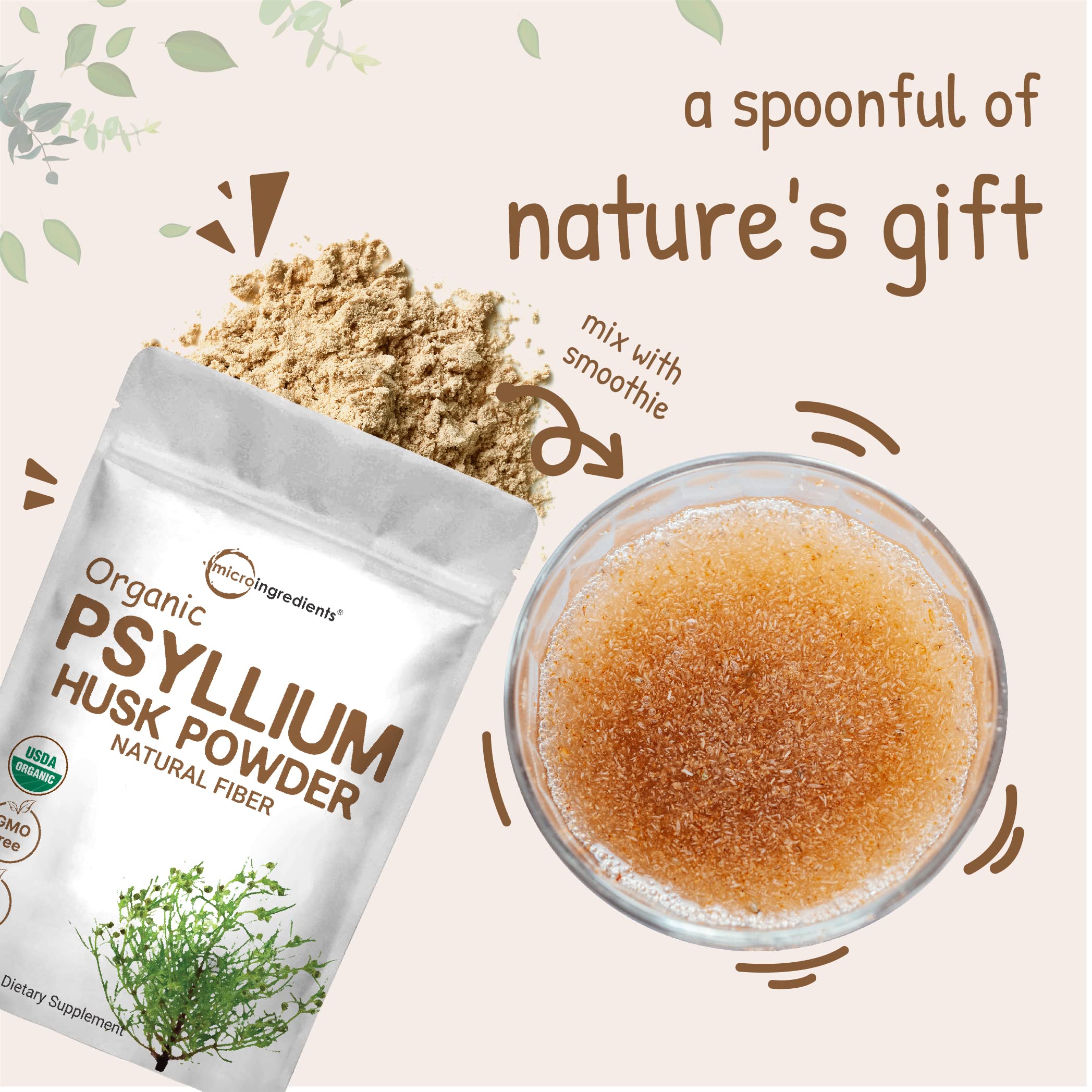 Micro Ingredients packaging of psyllium husk powder showing organic and vegan notes