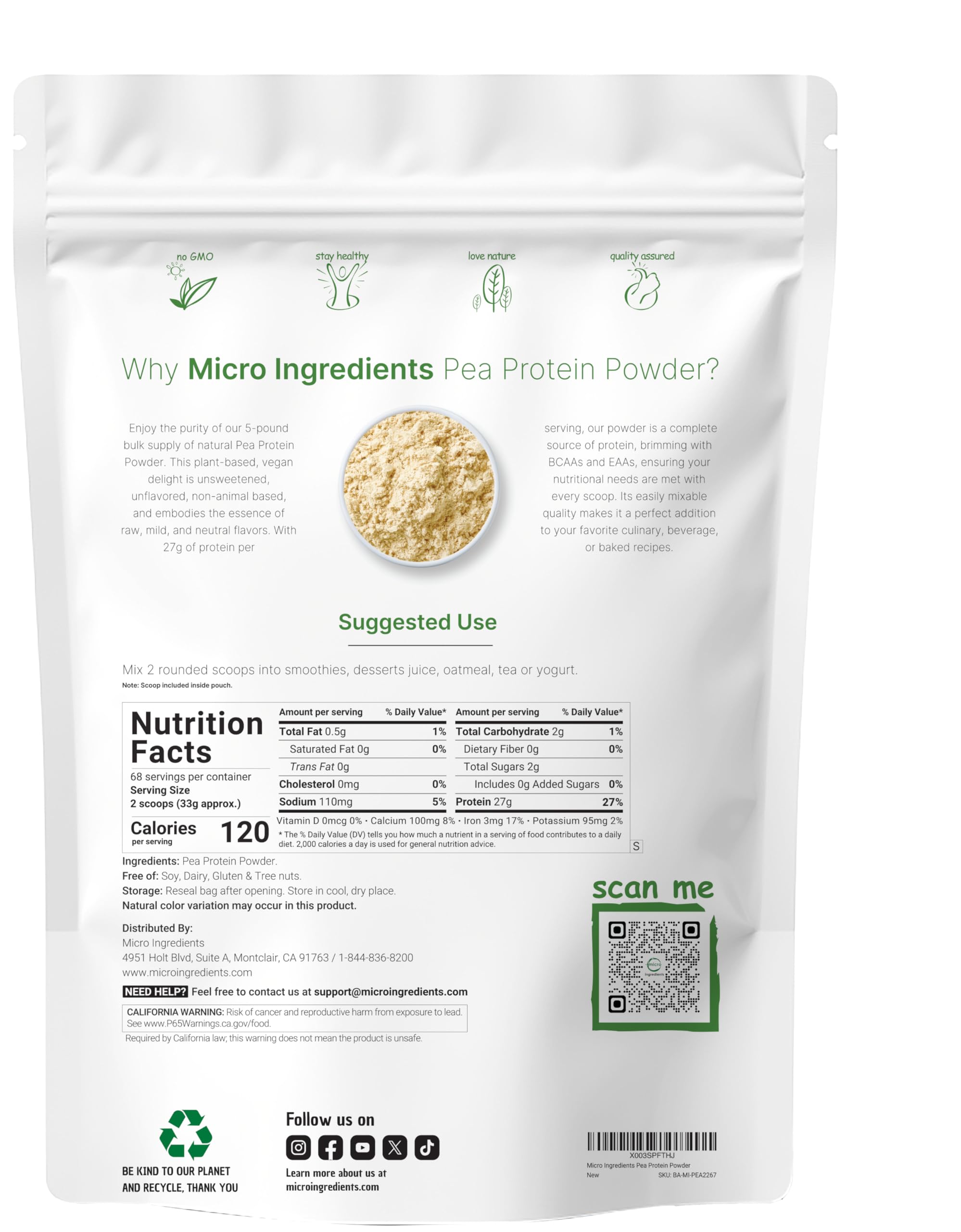Unflavored Micro Ingredients pea protein powder blends smoothly into beverages.