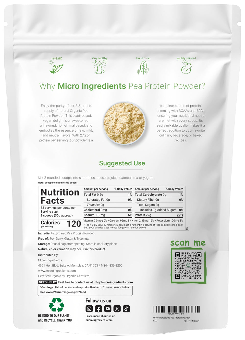 Micro Ingredients pea protein scoop shows easy daily protein addition