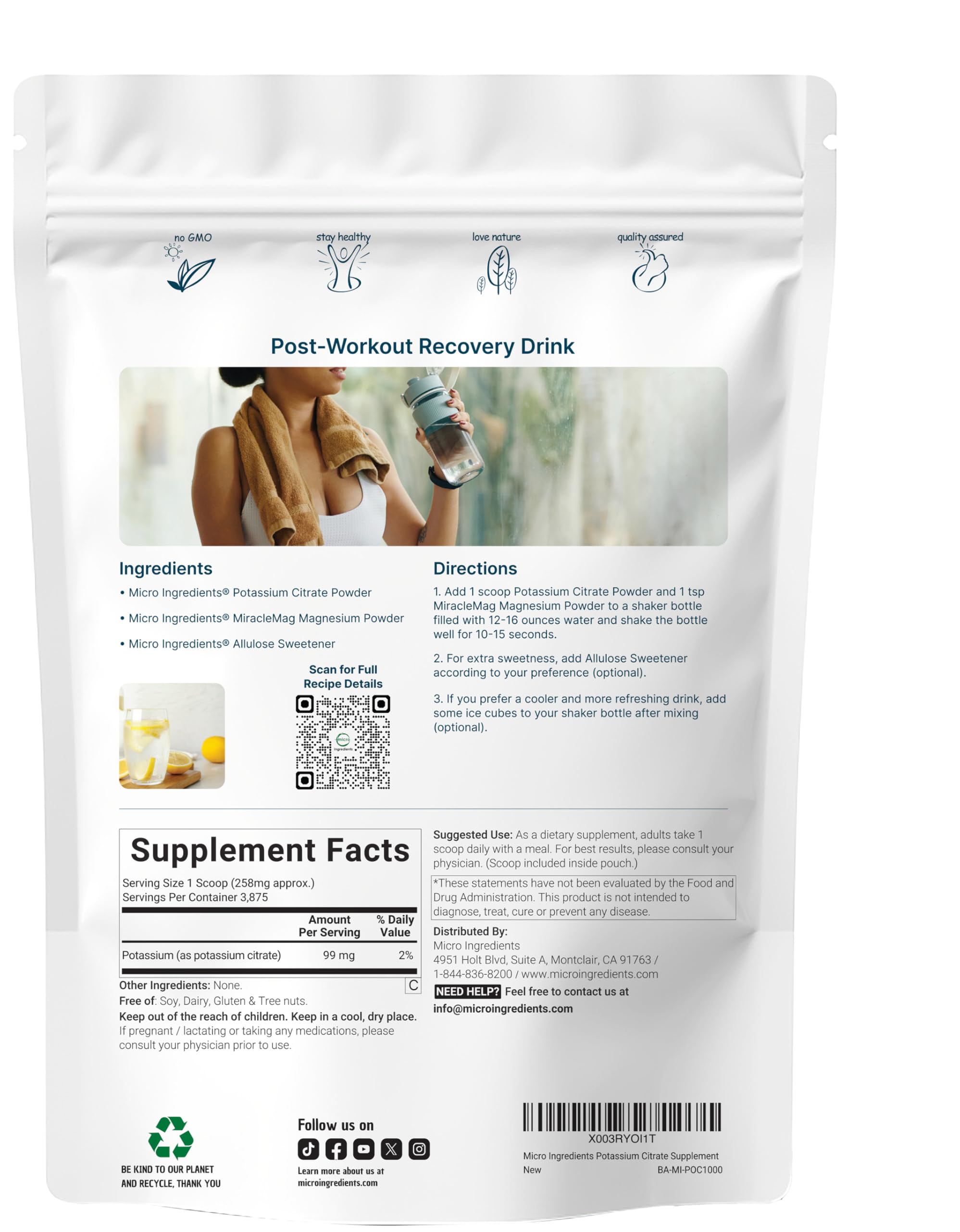 Micro Ingredients potassium citrate powder jar close-up highlighting pure, vegan formula