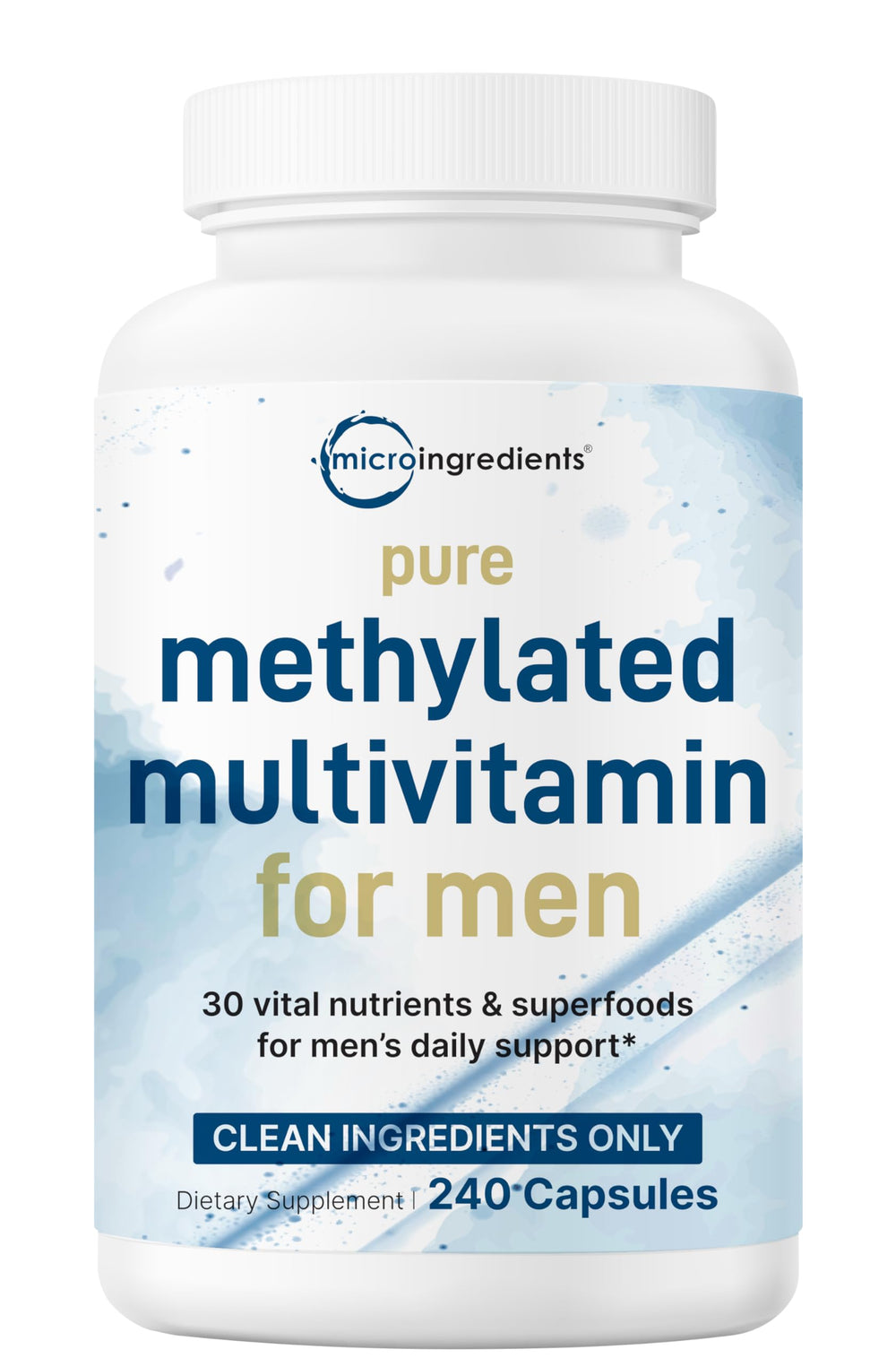 Micro Ingredients Pure Methylated Multivitamin for Men packaging front promotes daily vitality