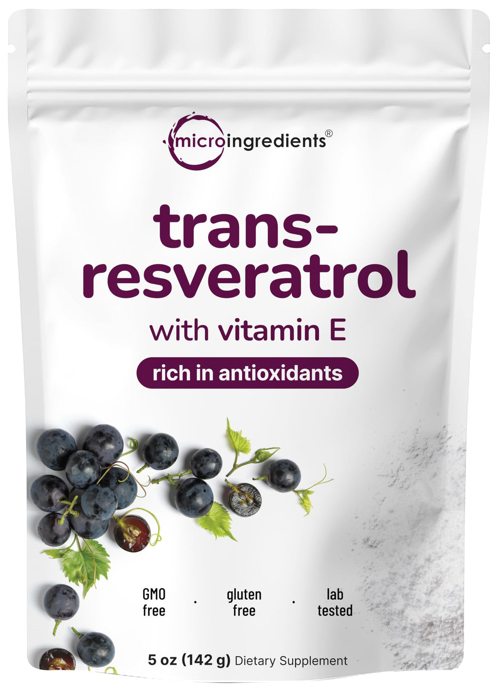Micro Ingredients Pure Trans-Resveratrol powder bottle showcases a premium antioxidant option