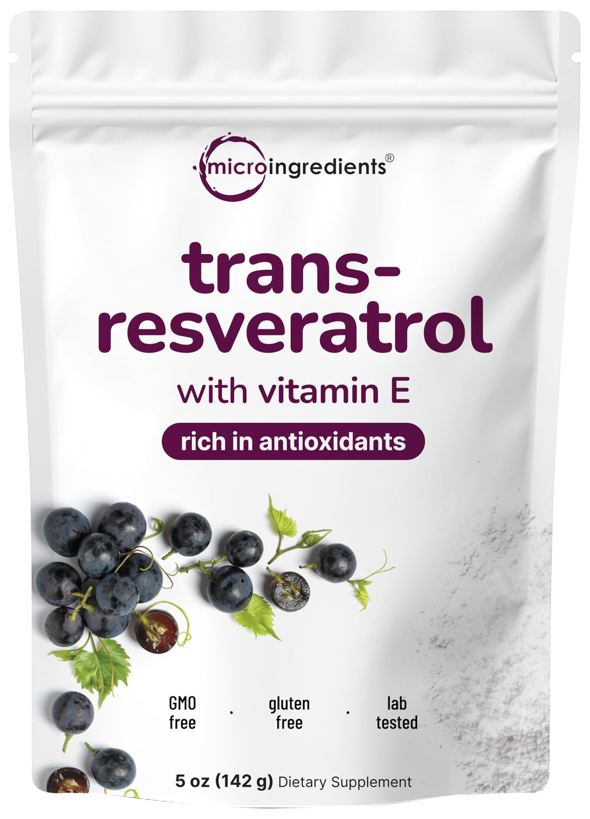 Micro Ingredients Pure Trans-Resveratrol powder bottle showcases a premium antioxidant option