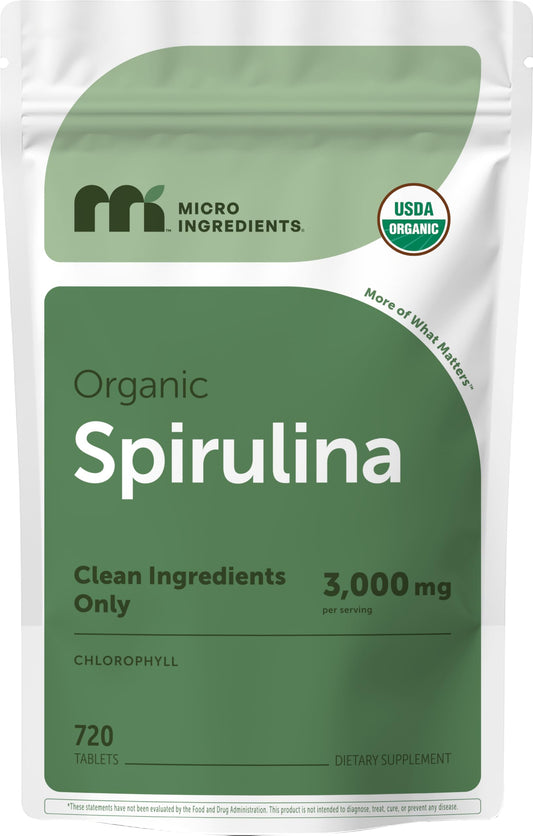 Micro Ingredients spirulina tablets bottle front for daily vegan protein support