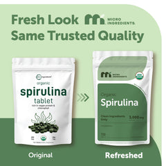Micro Ingredients spirulina tablets bottle side shows label and organic certification