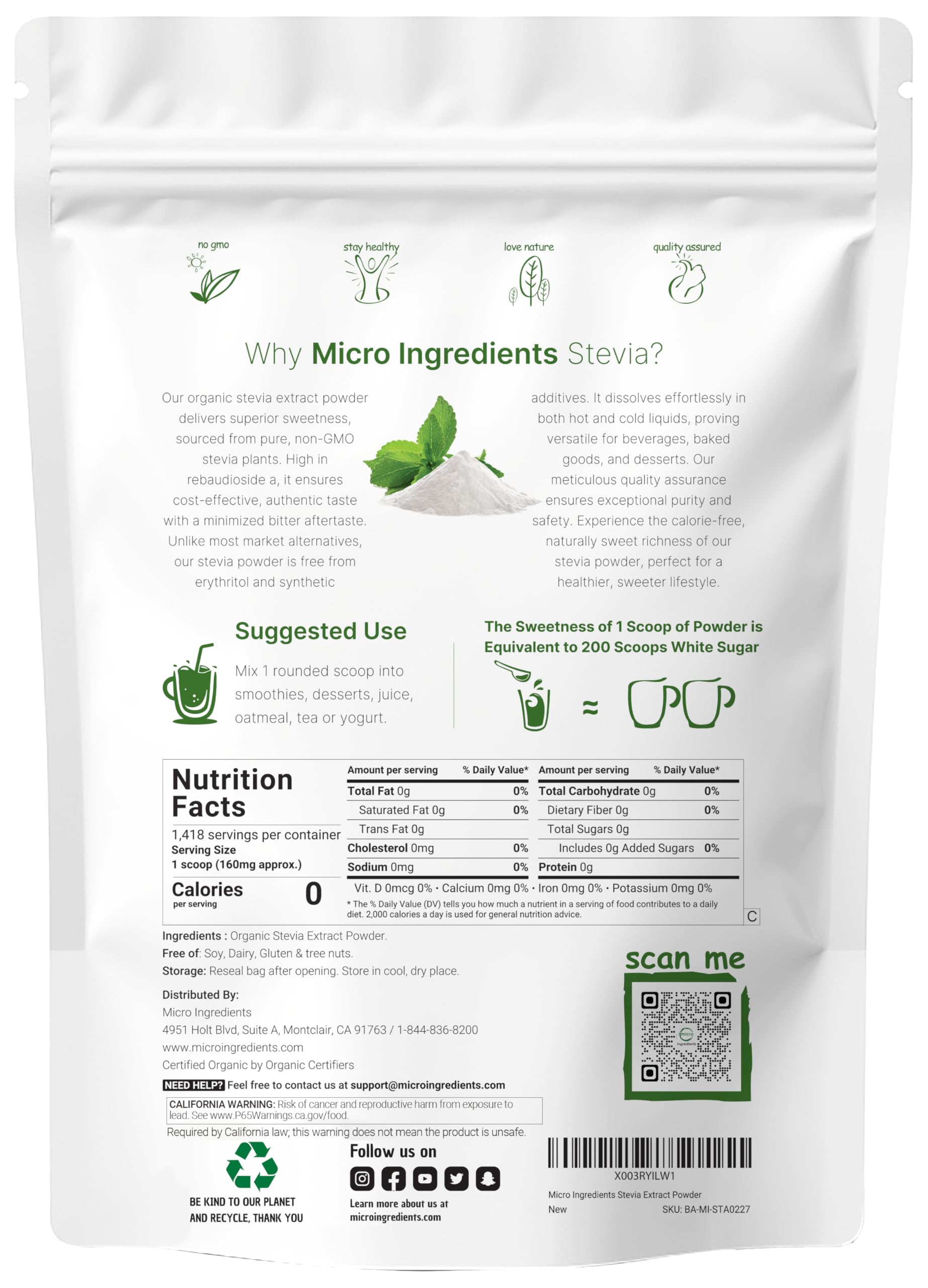 Micro Ingredients stevia powder measuring scoop for accurate daily sweetness