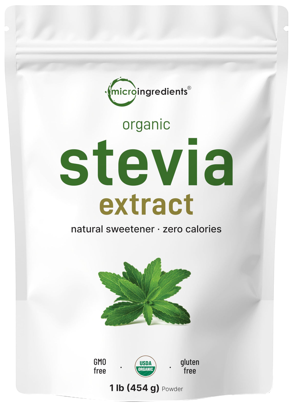 Micro Ingredients Organic Stevia Powder packaging shown as a bulk sugar substitute for baking