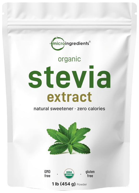 Micro Ingredients Organic Stevia Powder packaging shown as a bulk sugar substitute for baking