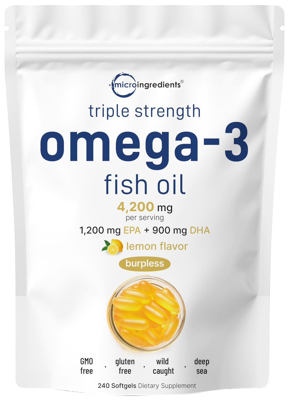 Micro Ingredients omega-3 bottle with triple strength formula for daily use