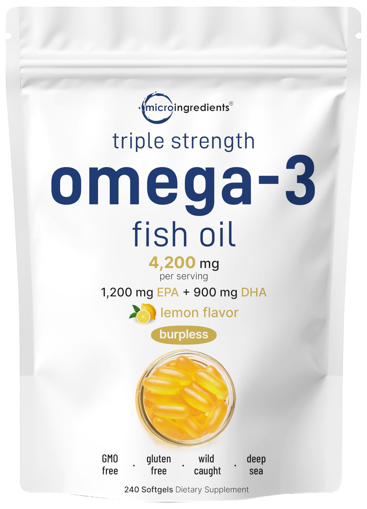 Micro Ingredients omega-3 bottle with triple strength formula for daily use