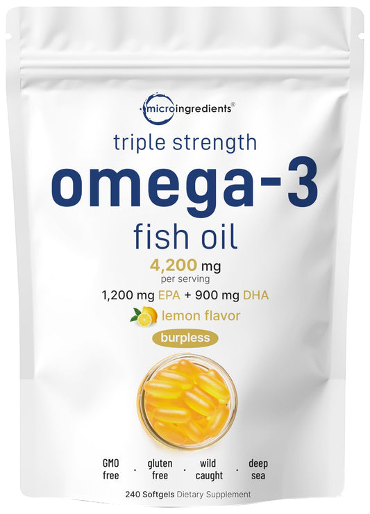 Micro Ingredients omega-3 bottle with triple strength formula for daily use