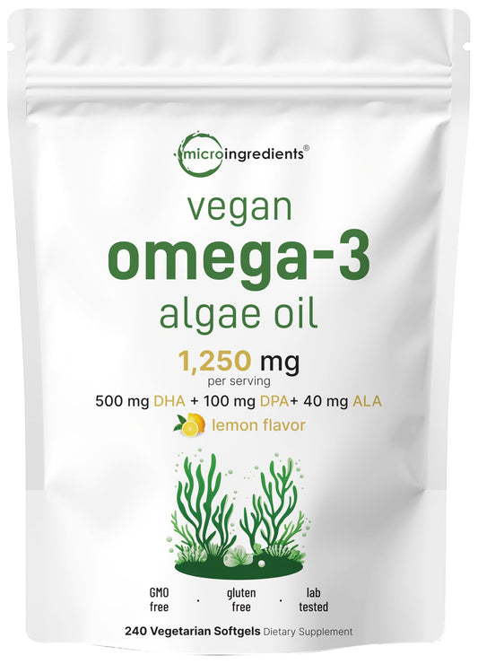 Micro Ingredients vegan omega-3 algae oil bottle with lemon label for plant-based support
