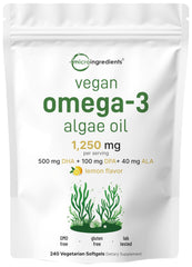 Micro Ingredients vegan omega-3 algae oil bottle with lemon label for plant-based support